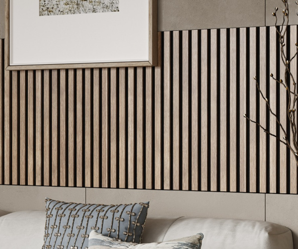 Акустическая панель, черный войлок, 2750х600х19мм, рейки МДФ ясень Тирамису